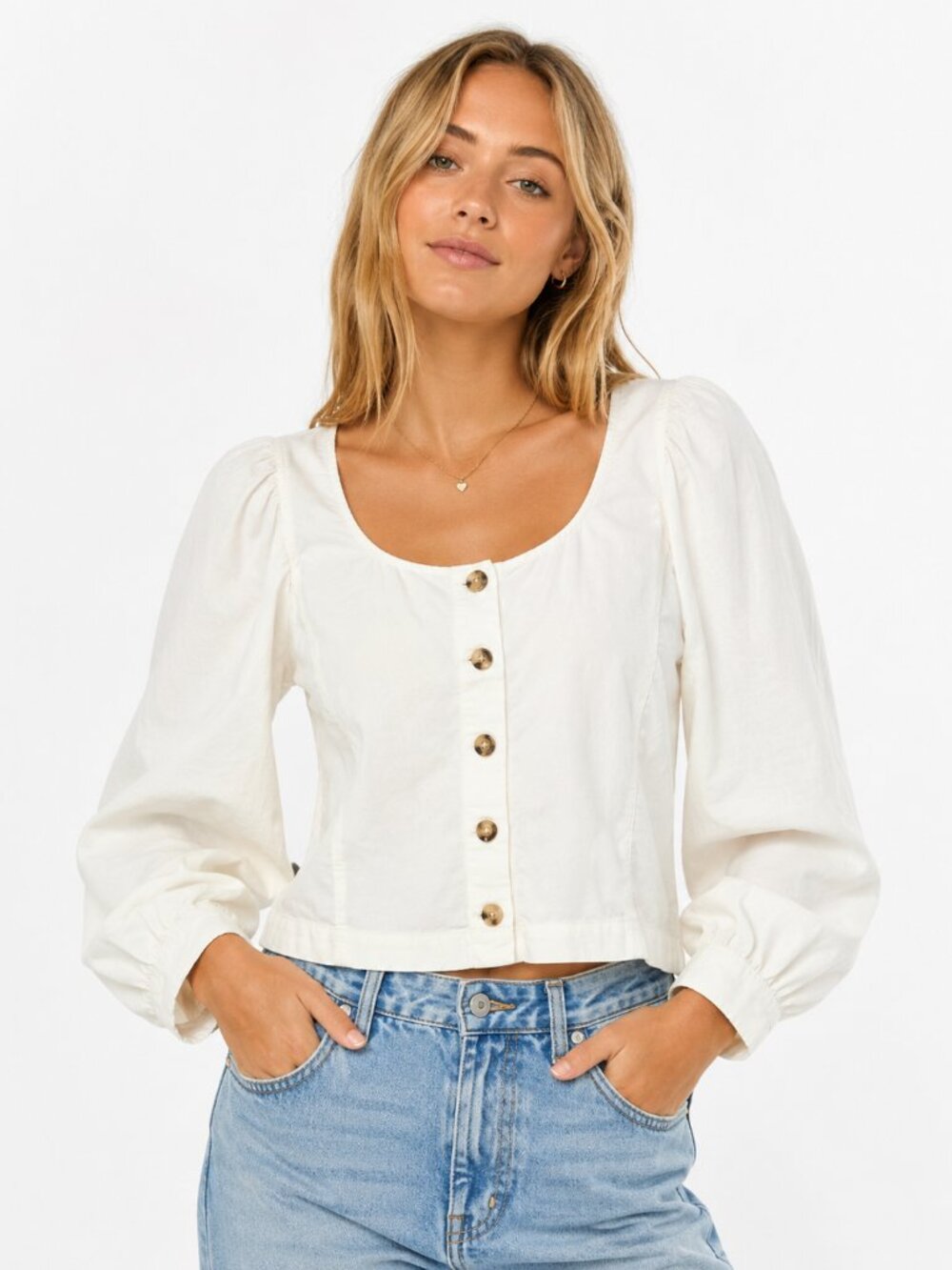 Madewell Corduroy Shirred Puff Sleeve Button Front Top Antique Cream Small